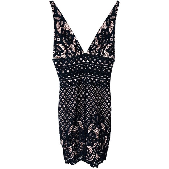 Stylestalker Black Lace Overlay Mini Dress Pink Lining Deep V-Neck XS - Picture 1 of 5